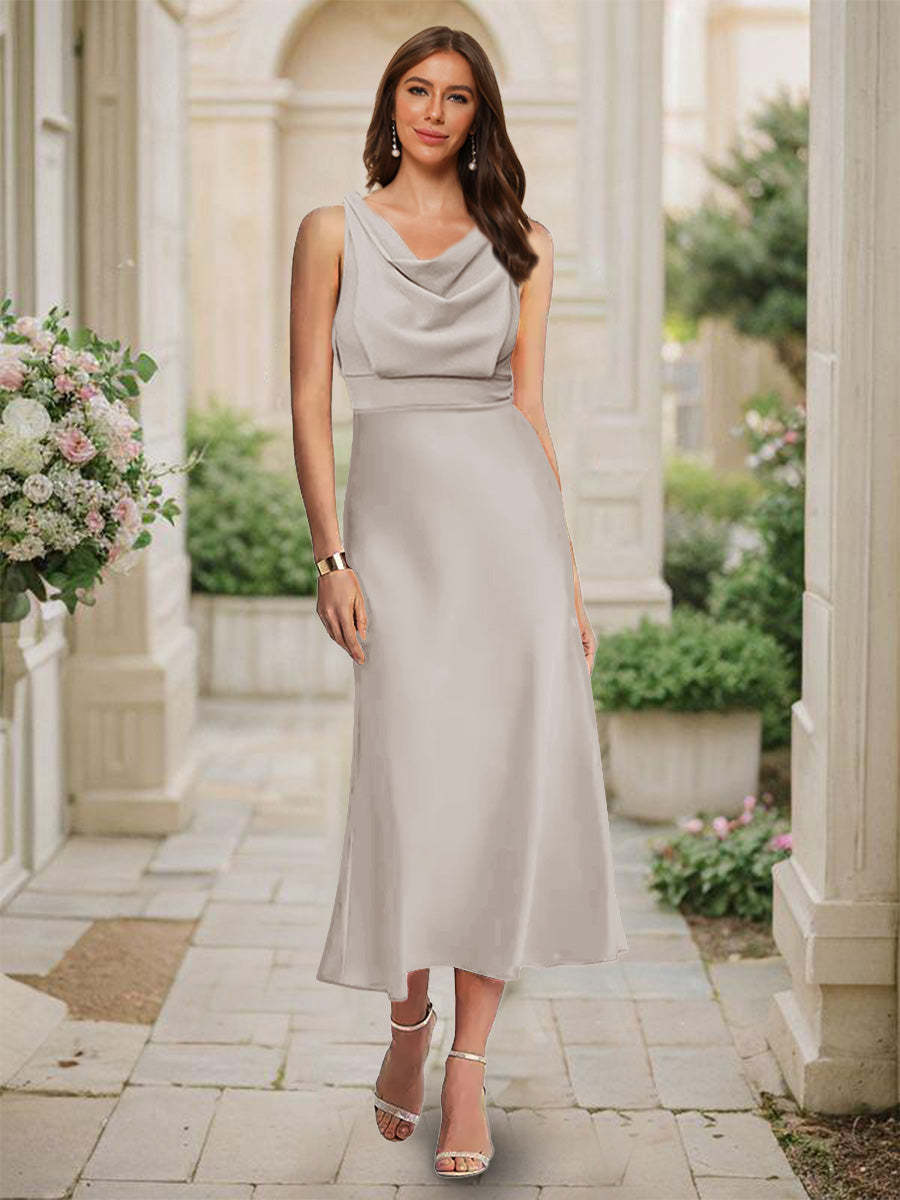 Trumpet Mermaid Cowl Neck Sleeveless Tea Length Ruched Bridesmaid Dresses