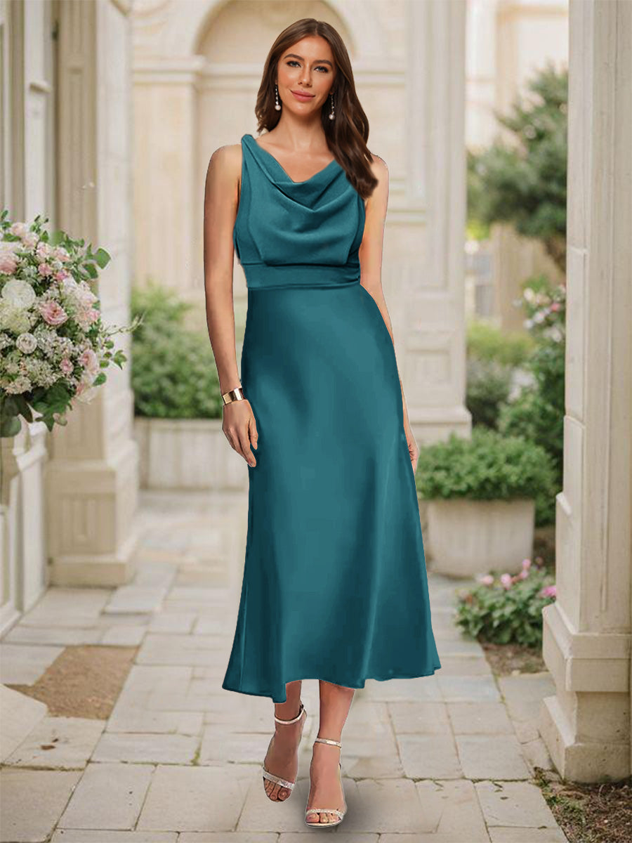 Trumpet Mermaid Cowl Neck Sleeveless Tea Length Ruched Bridesmaid Dresses