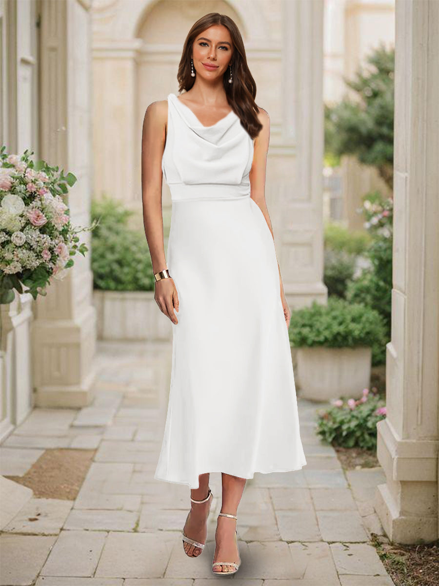 Trumpet Mermaid Cowl Neck Sleeveless Tea Length Ruched Bridesmaid Dresses