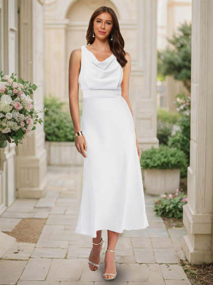 Trumpet Mermaid Cowl Neck Sleeveless Tea Length Ruched Bridesmaid Dresses