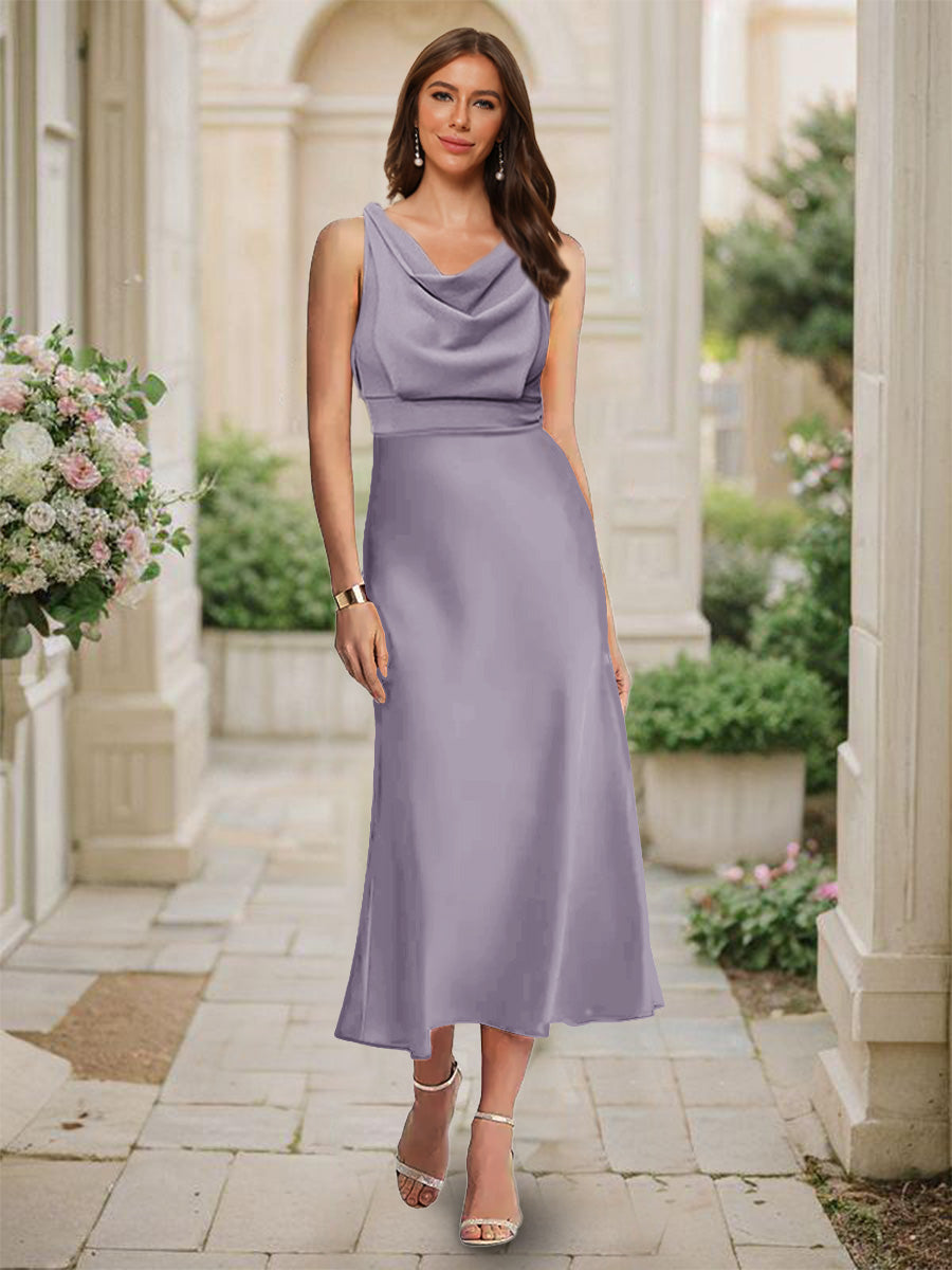 Trumpet Mermaid Cowl Neck Sleeveless Tea Length Ruched Bridesmaid Dresses