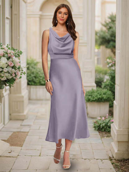 Trumpet Mermaid Cowl Neck Sleeveless Tea Length Ruched Bridesmaid Dresses