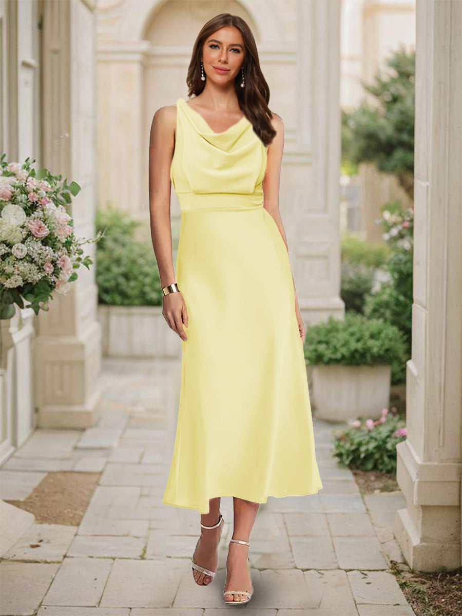 Trumpet Mermaid Cowl Neck Sleeveless Tea Length Ruched Bridesmaid Dresses