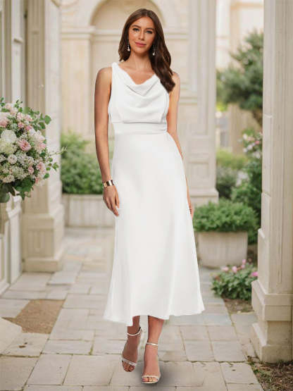 Trumpet Mermaid Cowl Neck Sleeveless Tea Length Ruched Bridesmaid Dresses