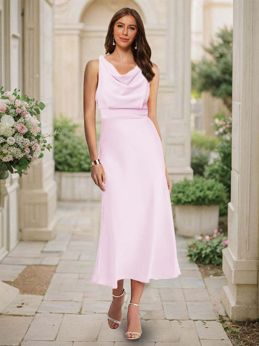 Trumpet Mermaid Cowl Neck Sleeveless Tea Length Ruched Bridesmaid Dresses