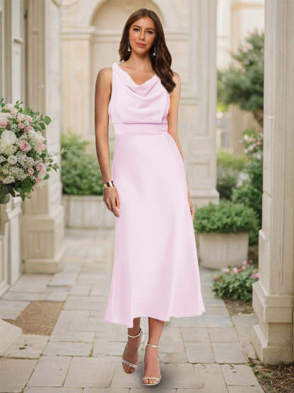 Trumpet Mermaid Cowl Neck Sleeveless Tea Length Ruched Bridesmaid Dresses