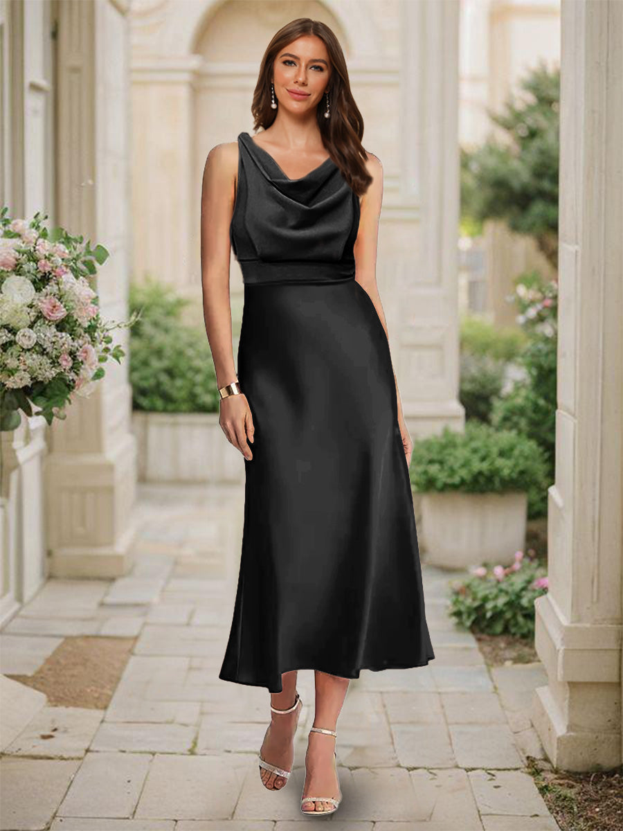 Trumpet Mermaid Cowl Neck Sleeveless Tea Length Ruched Bridesmaid Dresses