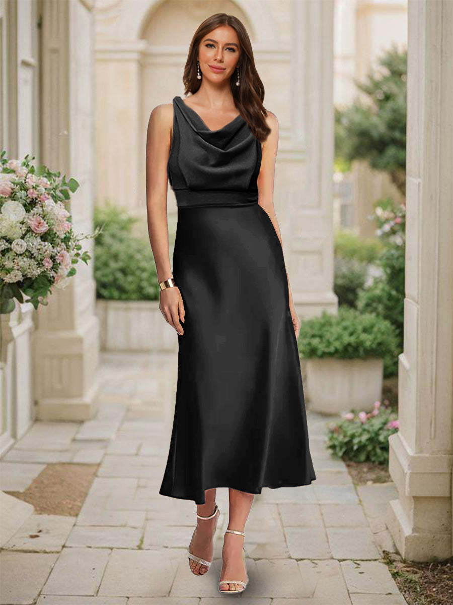 Trumpet Mermaid Cowl Neck Sleeveless Tea Length Ruched Bridesmaid Dresses