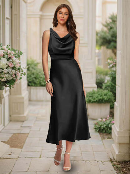 Trumpet Mermaid Cowl Neck Sleeveless Tea Length Ruched Bridesmaid Dresses