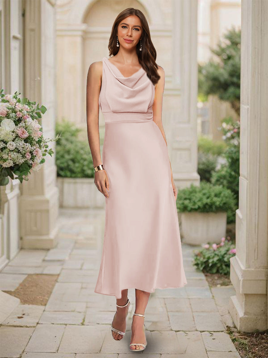 Trumpet Mermaid Cowl Neck Sleeveless Tea Length Ruched Bridesmaid Dresses