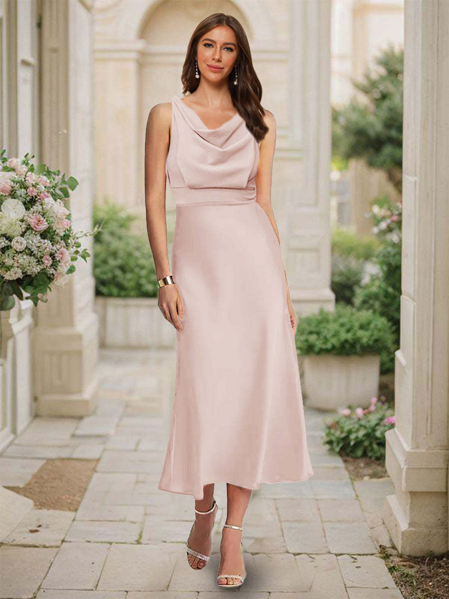 Trumpet Mermaid Cowl Neck Sleeveless Tea Length Ruched Bridesmaid Dresses