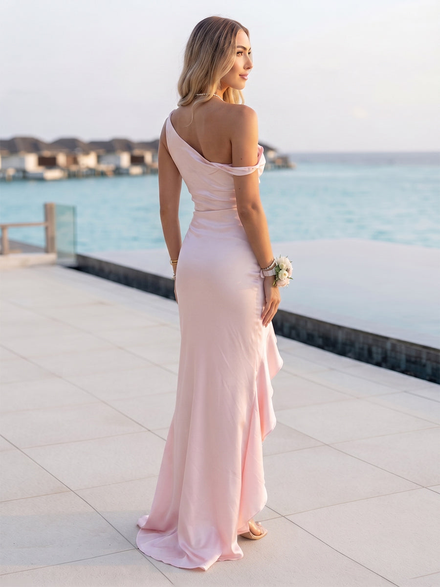 Trumpet Mermaid Off the Shoulder Sleeveless Bridesmaid Dresses with Split Side Ruffles