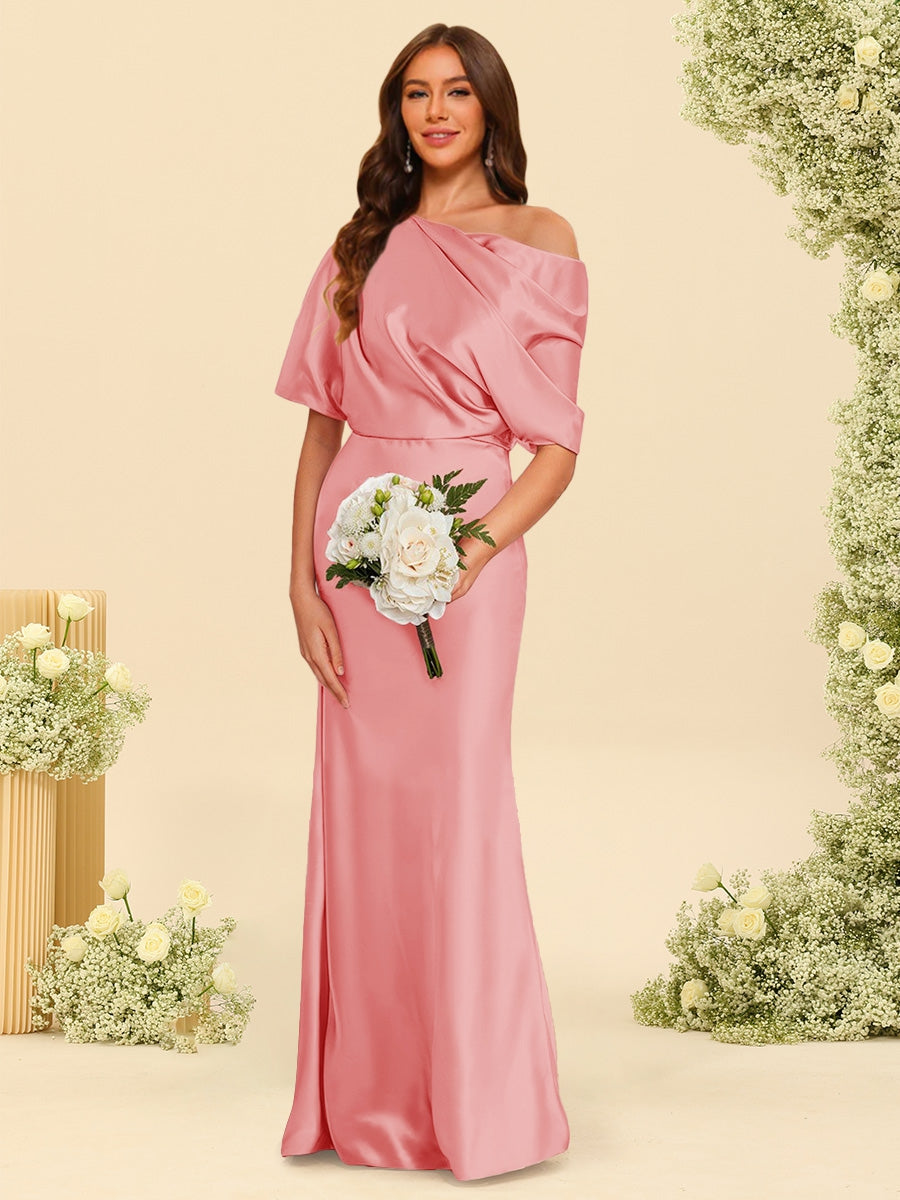 Trumpet Mermaid One Shoulder Half Sleeves Bridesmaid Dresses With Ruched