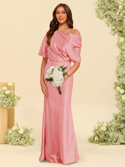 Trumpet Mermaid One Shoulder Half Sleeves Bridesmaid Dresses With Ruched