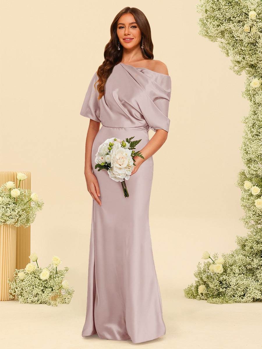 Trumpet Mermaid One Shoulder Half Sleeves Bridesmaid Dresses With Ruched
