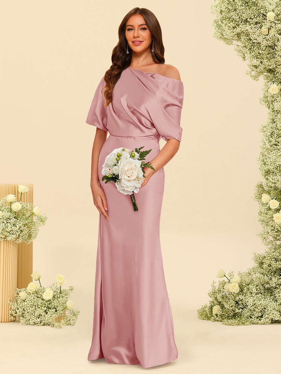Trumpet Mermaid One Shoulder Half Sleeves Bridesmaid Dresses With Ruched