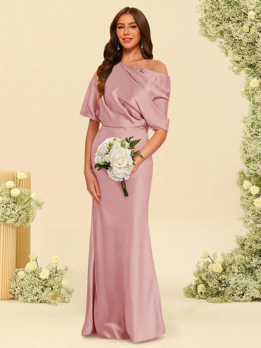 Trumpet Mermaid One Shoulder Half Sleeves Bridesmaid Dresses With Ruched