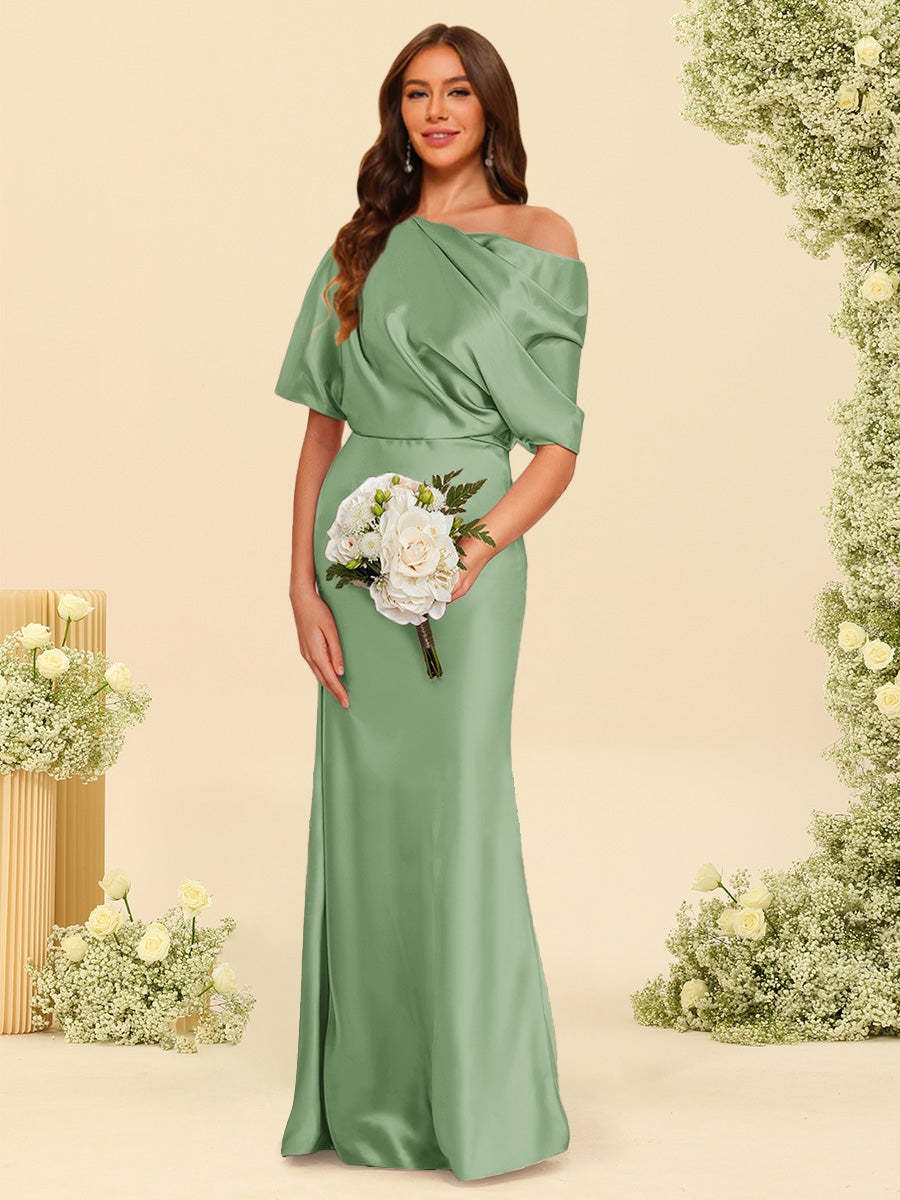 Trumpet Mermaid One Shoulder Half Sleeves Bridesmaid Dresses With Ruched