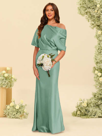 Trumpet Mermaid One Shoulder Half Sleeves Bridesmaid Dresses With Ruched