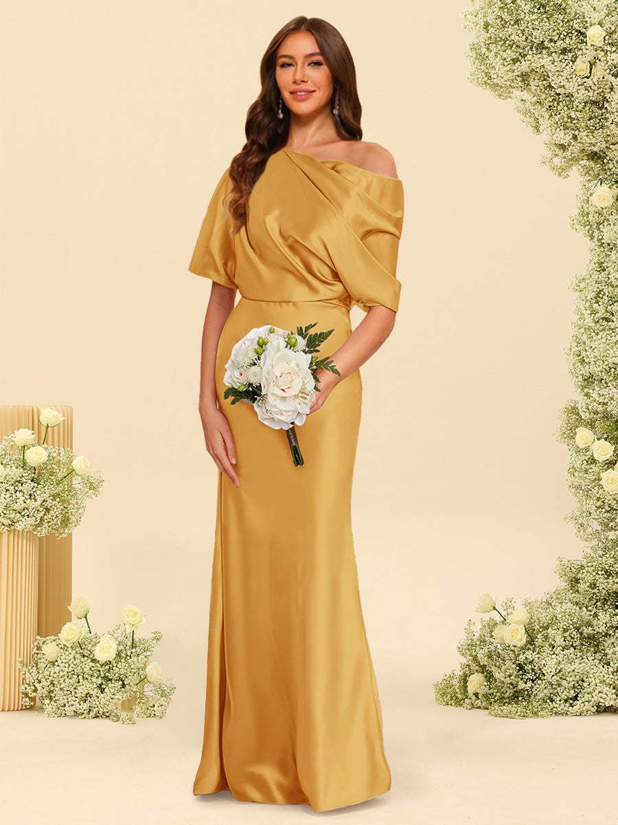 Trumpet Mermaid One Shoulder Half Sleeves Bridesmaid Dresses With Ruched
