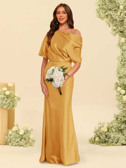 Trumpet Mermaid One Shoulder Half Sleeves Bridesmaid Dresses With Ruched