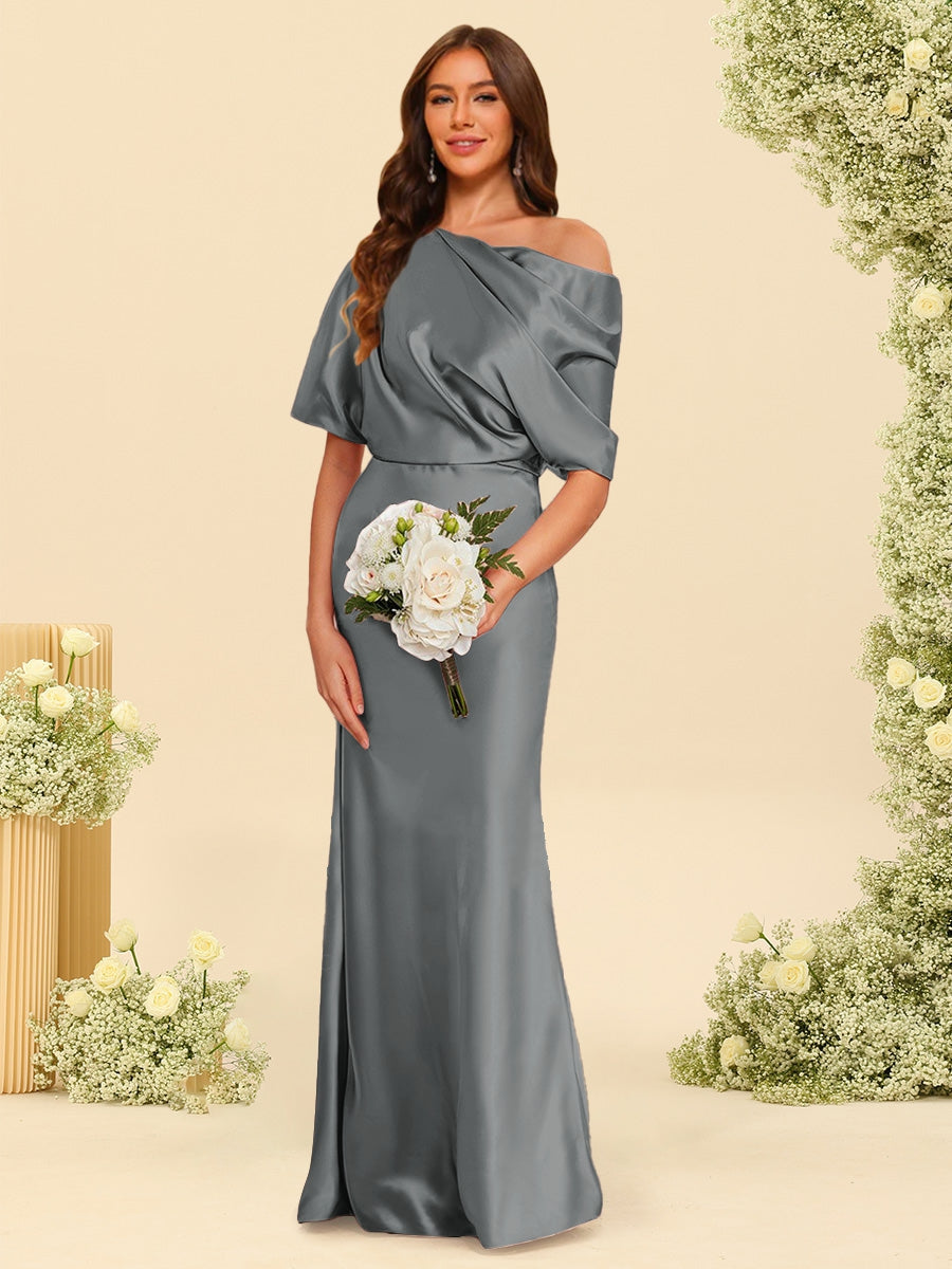 Trumpet Mermaid One Shoulder Half Sleeves Bridesmaid Dresses With Ruched
