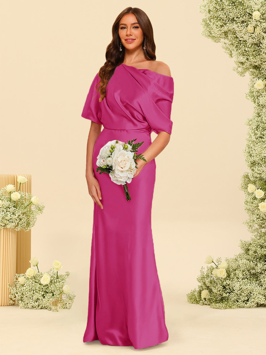 Trumpet Mermaid One Shoulder Half Sleeves Bridesmaid Dresses With Ruched