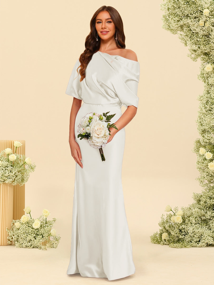 Trumpet Mermaid One Shoulder Half Sleeves Bridesmaid Dresses With Ruched
