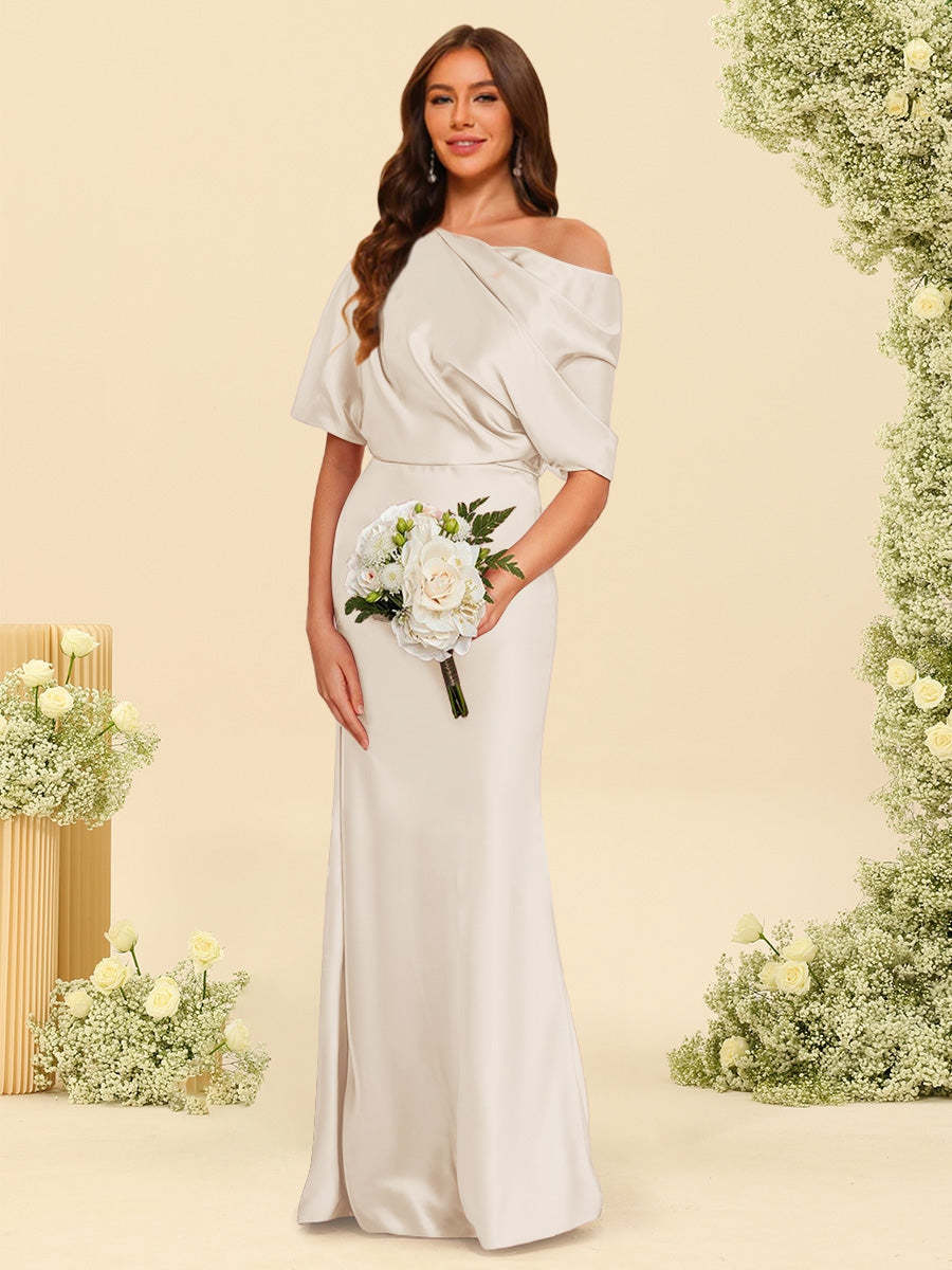 Trumpet Mermaid One Shoulder Half Sleeves Bridesmaid Dresses With Ruched