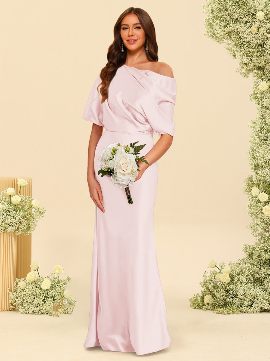 Trumpet Mermaid One Shoulder Half Sleeves Bridesmaid Dresses With Ruched