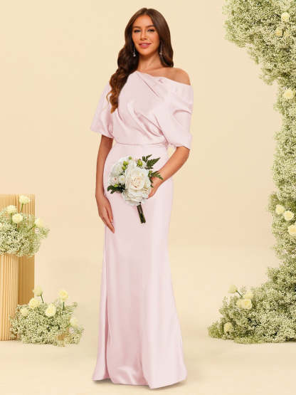Trumpet Mermaid One Shoulder Half Sleeves Bridesmaid Dresses With Ruched