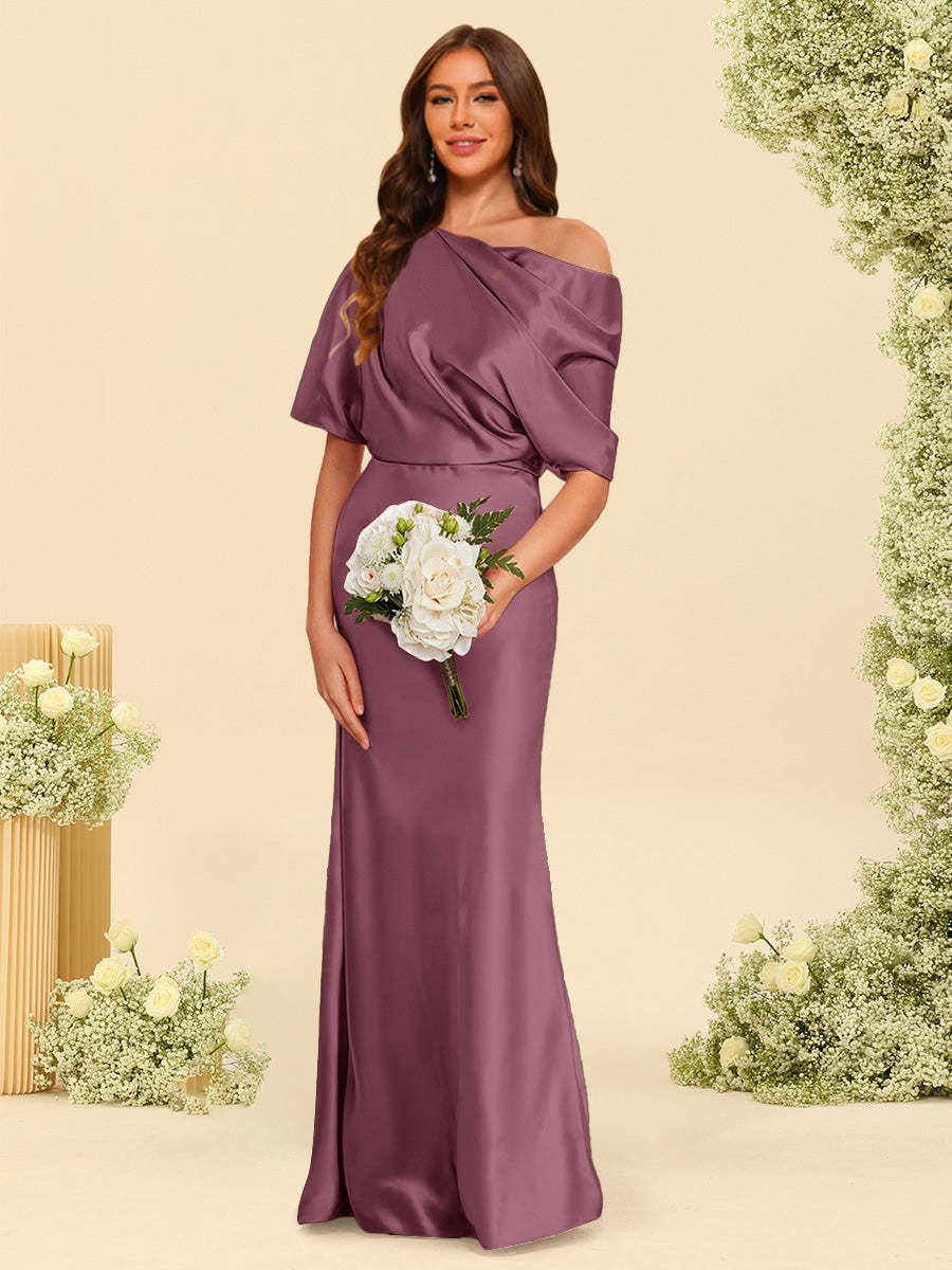 Trumpet Mermaid One Shoulder Half Sleeves Bridesmaid Dresses With Ruched