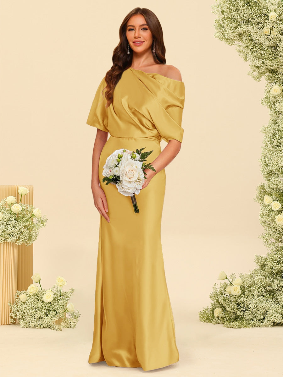 Trumpet Mermaid One Shoulder Half Sleeves Bridesmaid Dresses With Ruched