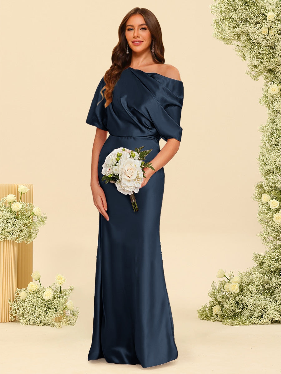 Trumpet Mermaid One Shoulder Half Sleeves Bridesmaid Dresses With Ruched