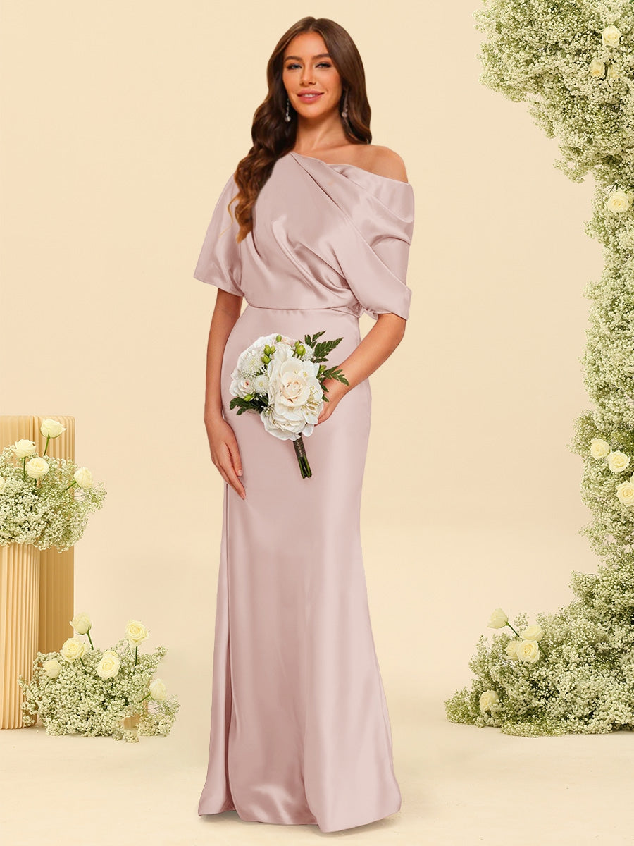 Trumpet Mermaid One Shoulder Half Sleeves Bridesmaid Dresses With Ruched