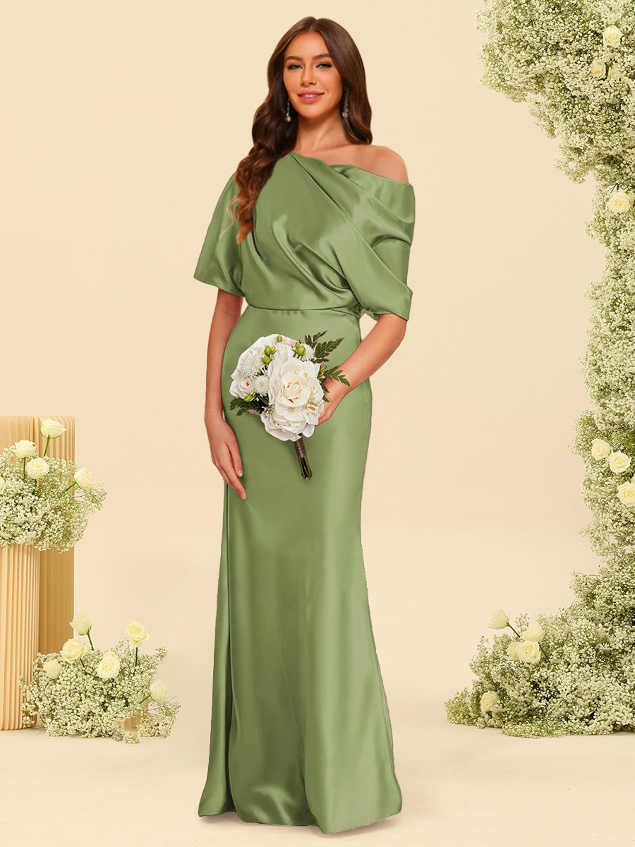 Trumpet Mermaid One Shoulder Half Sleeves Bridesmaid Dresses With Ruched