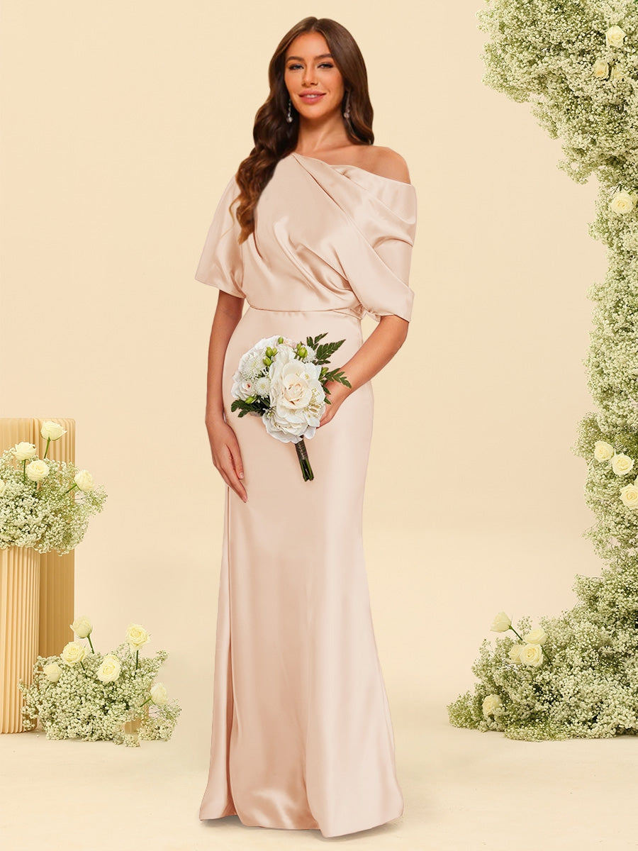 Trumpet Mermaid One Shoulder Half Sleeves Bridesmaid Dresses With Ruched