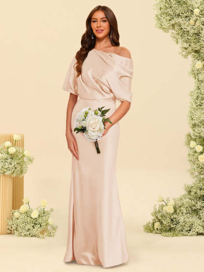 Trumpet Mermaid One Shoulder Half Sleeves Bridesmaid Dresses With Ruched