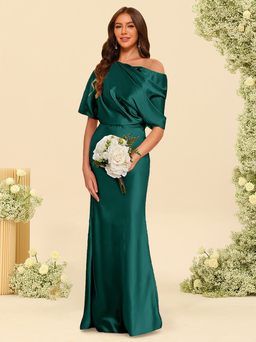 Trumpet Mermaid One Shoulder Half Sleeves Bridesmaid Dresses With Ruched