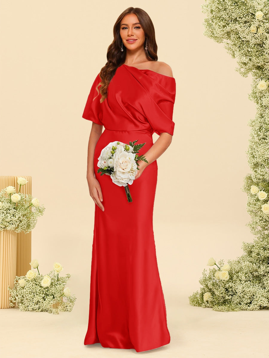 Trumpet Mermaid One Shoulder Half Sleeves Bridesmaid Dresses With Ruched