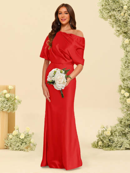 Trumpet Mermaid One Shoulder Half Sleeves Bridesmaid Dresses With Ruched