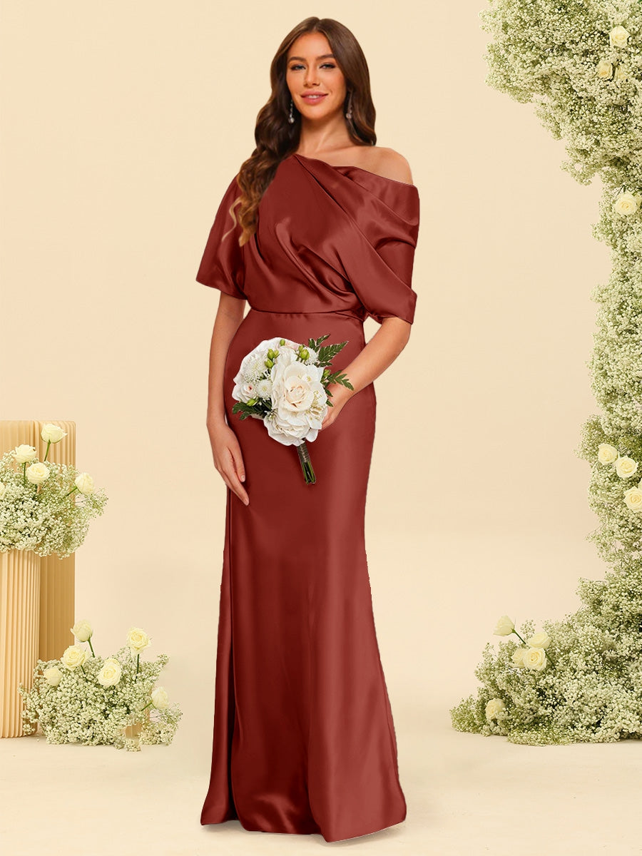 Trumpet Mermaid One Shoulder Half Sleeves Bridesmaid Dresses With Ruched
