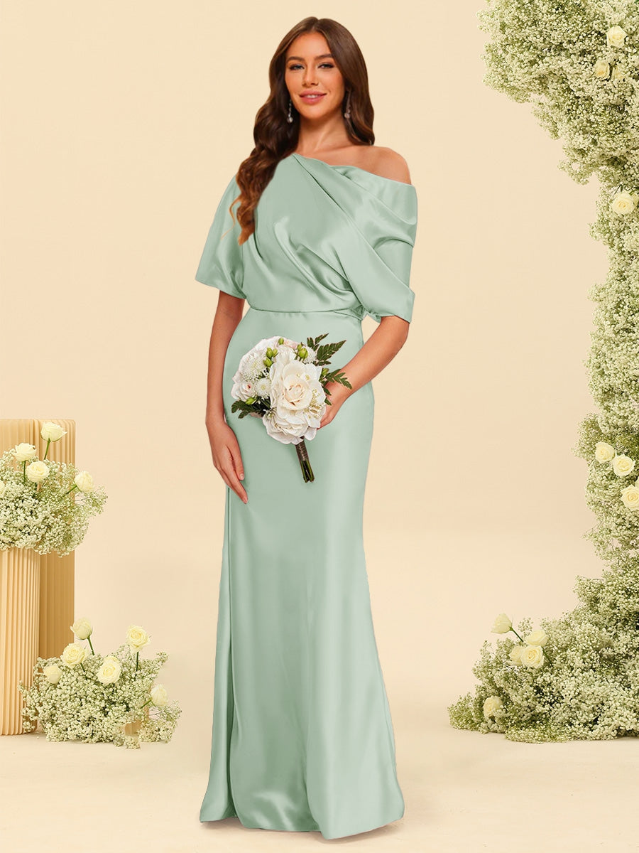 Trumpet Mermaid One Shoulder Half Sleeves Bridesmaid Dresses With Ruched