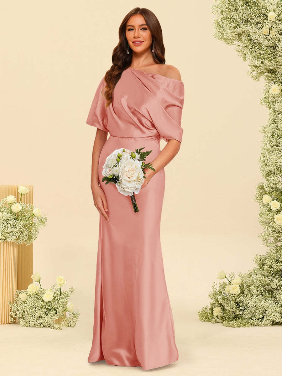 Trumpet Mermaid One Shoulder Half Sleeves Bridesmaid Dresses With Ruched