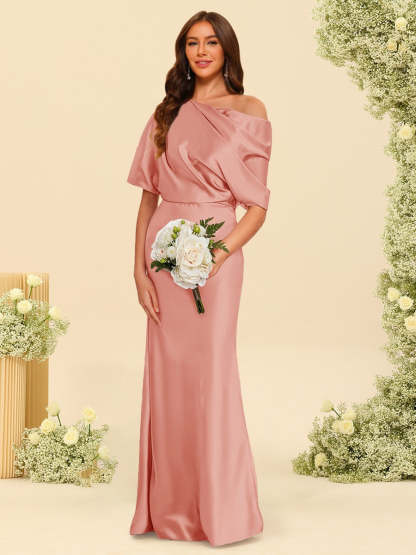 Trumpet Mermaid One Shoulder Half Sleeves Bridesmaid Dresses With Ruched