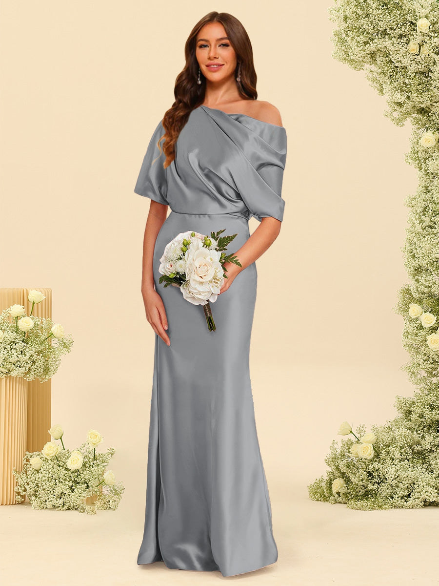 Trumpet Mermaid One Shoulder Half Sleeves Bridesmaid Dresses With Ruched