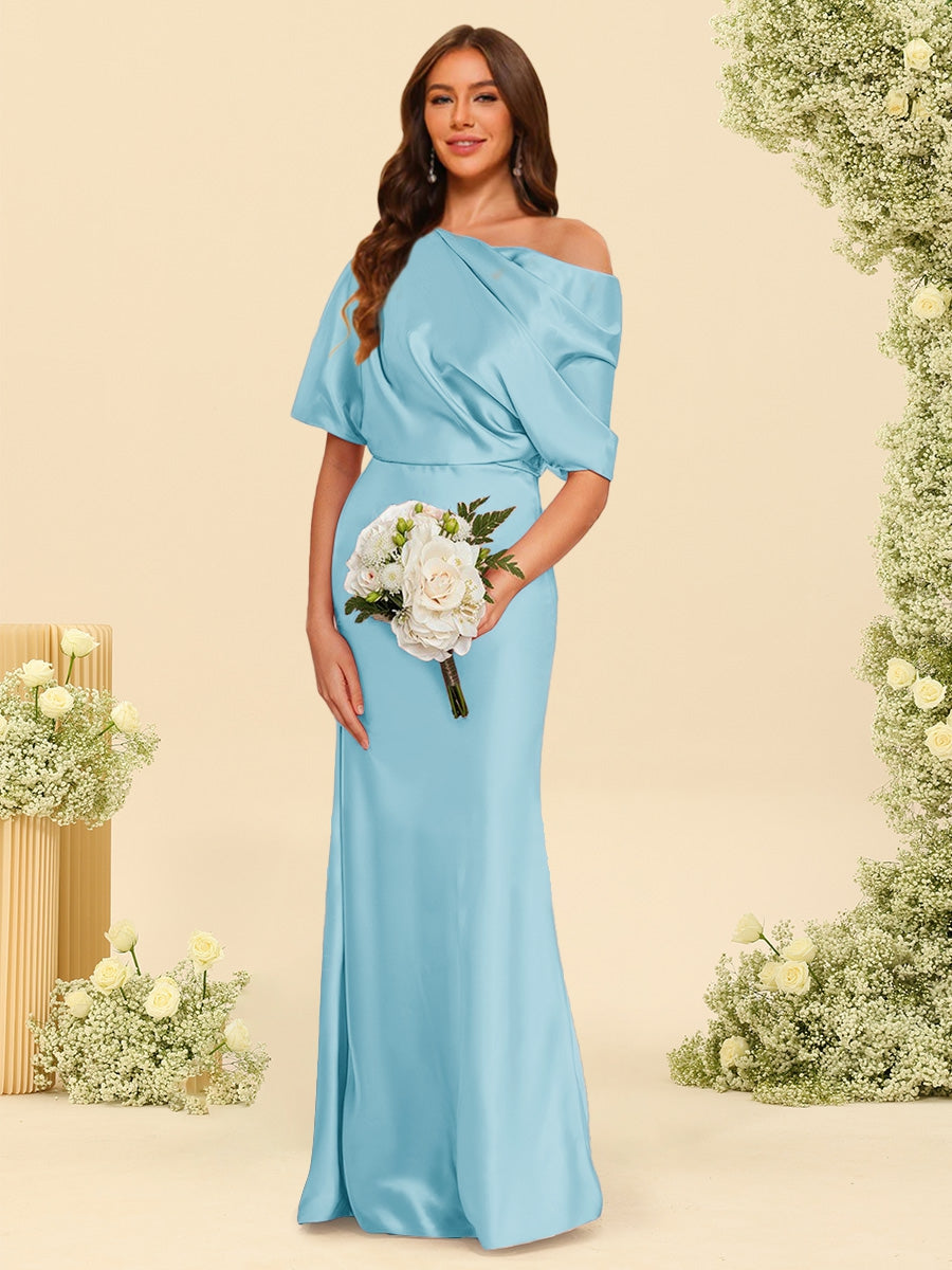 Trumpet Mermaid One Shoulder Half Sleeves Bridesmaid Dresses With Ruched