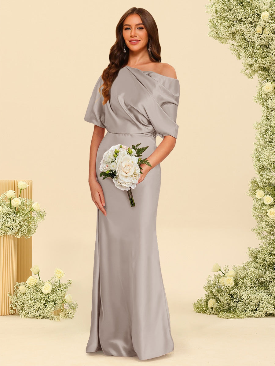 Trumpet Mermaid One Shoulder Half Sleeves Bridesmaid Dresses With Ruched