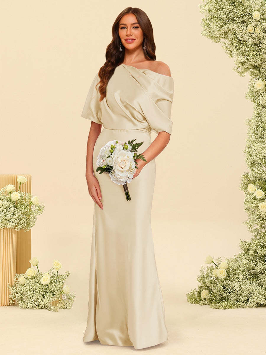 Trumpet Mermaid One Shoulder Half Sleeves Bridesmaid Dresses With Ruched