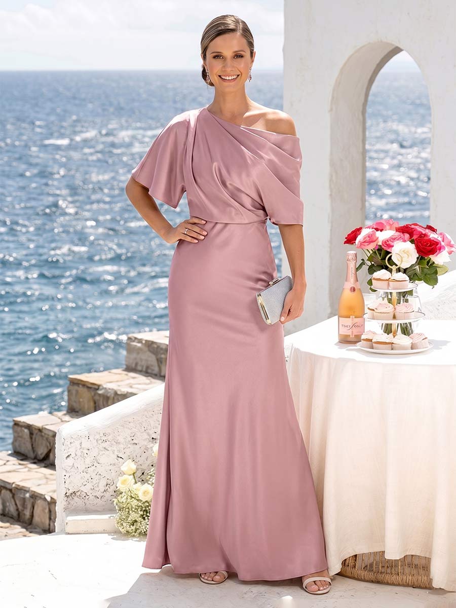 Trumpet Mermaid One Shoulder Half Sleeves Bridesmaid Dresses With Ruched